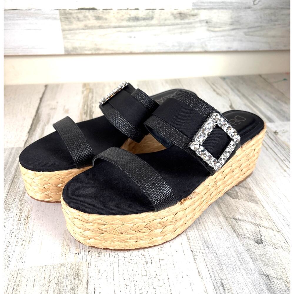Deltan Womens 9.5 Black Leather Crystal Buckle Espadrille Platform Sandals NEW